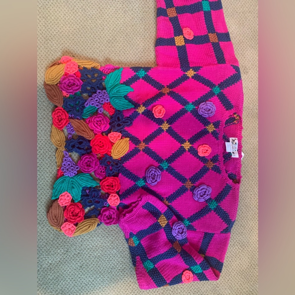 Sweater: cotton/ Ramie. Bright colors with lots of crochet flowers and detail!
